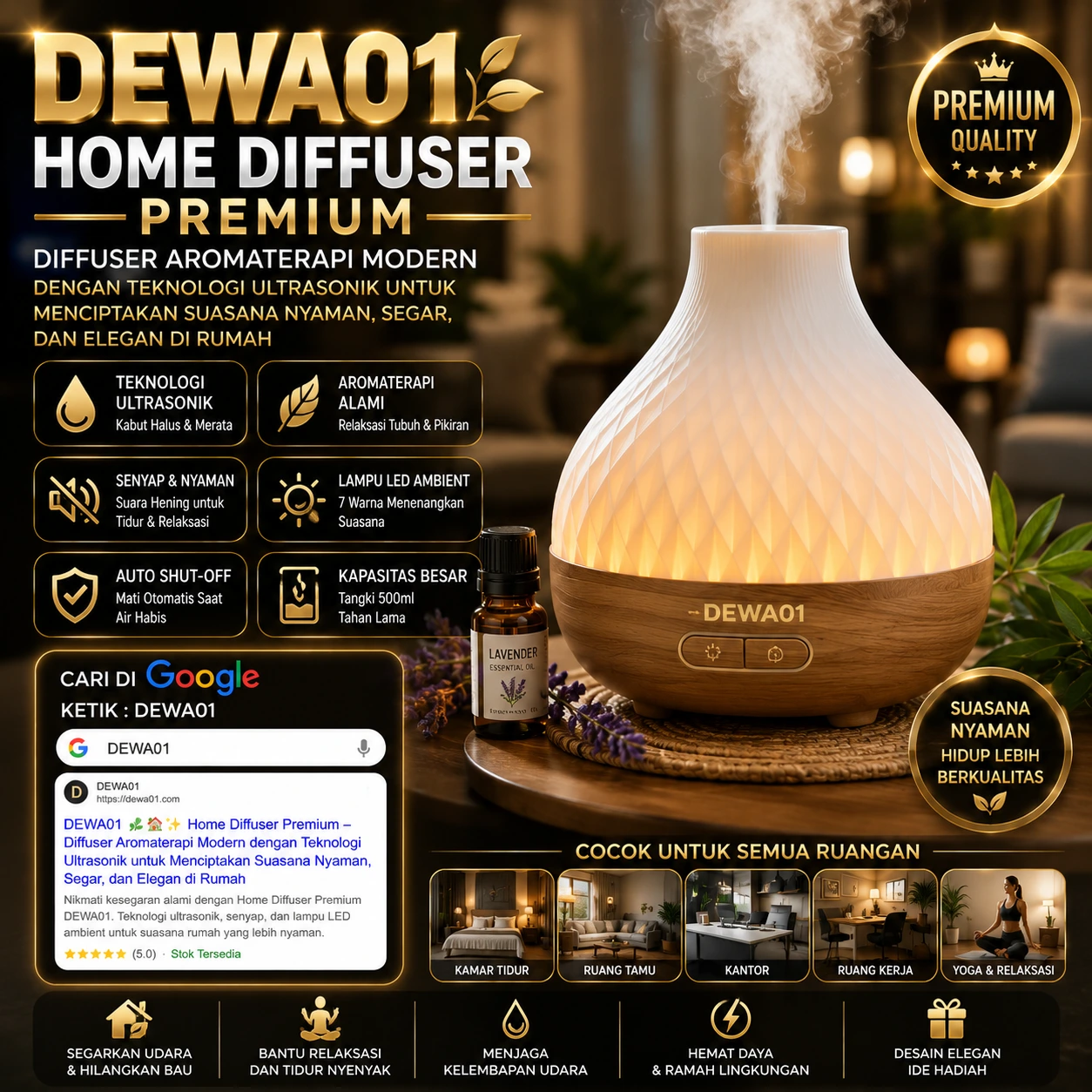 DEWA01 Home Diffuser Premium – Diffuser Aromaterapi Modern dengan Teknologi Ultrasonik untuk Menciptakan Suasana Nyaman, Segar, dan Elegan di Rumah.